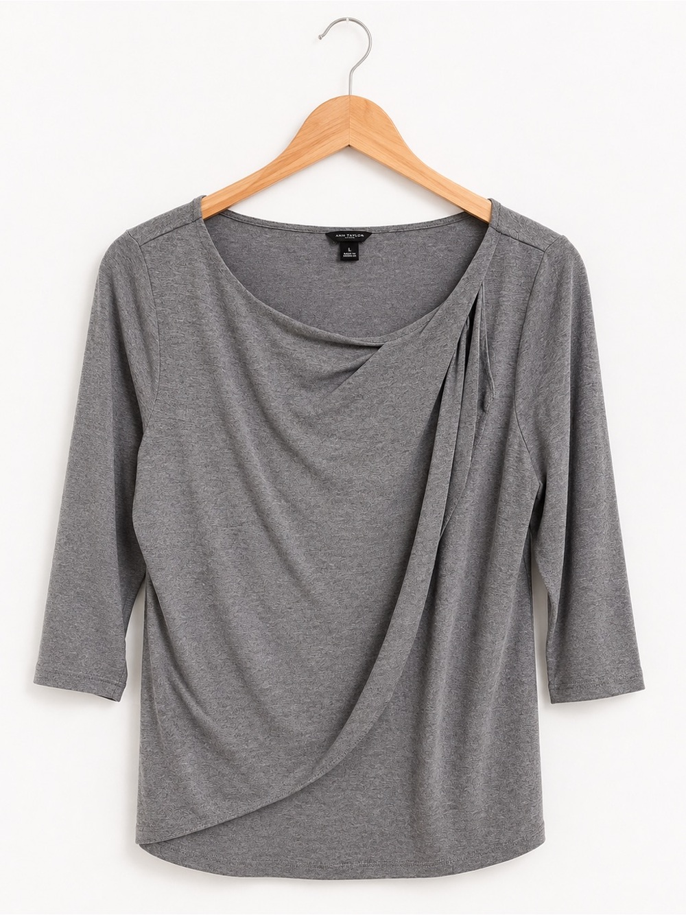 Ann Taylor Gray Draped Faux Wrap 3/4 Sleeve Top Size L